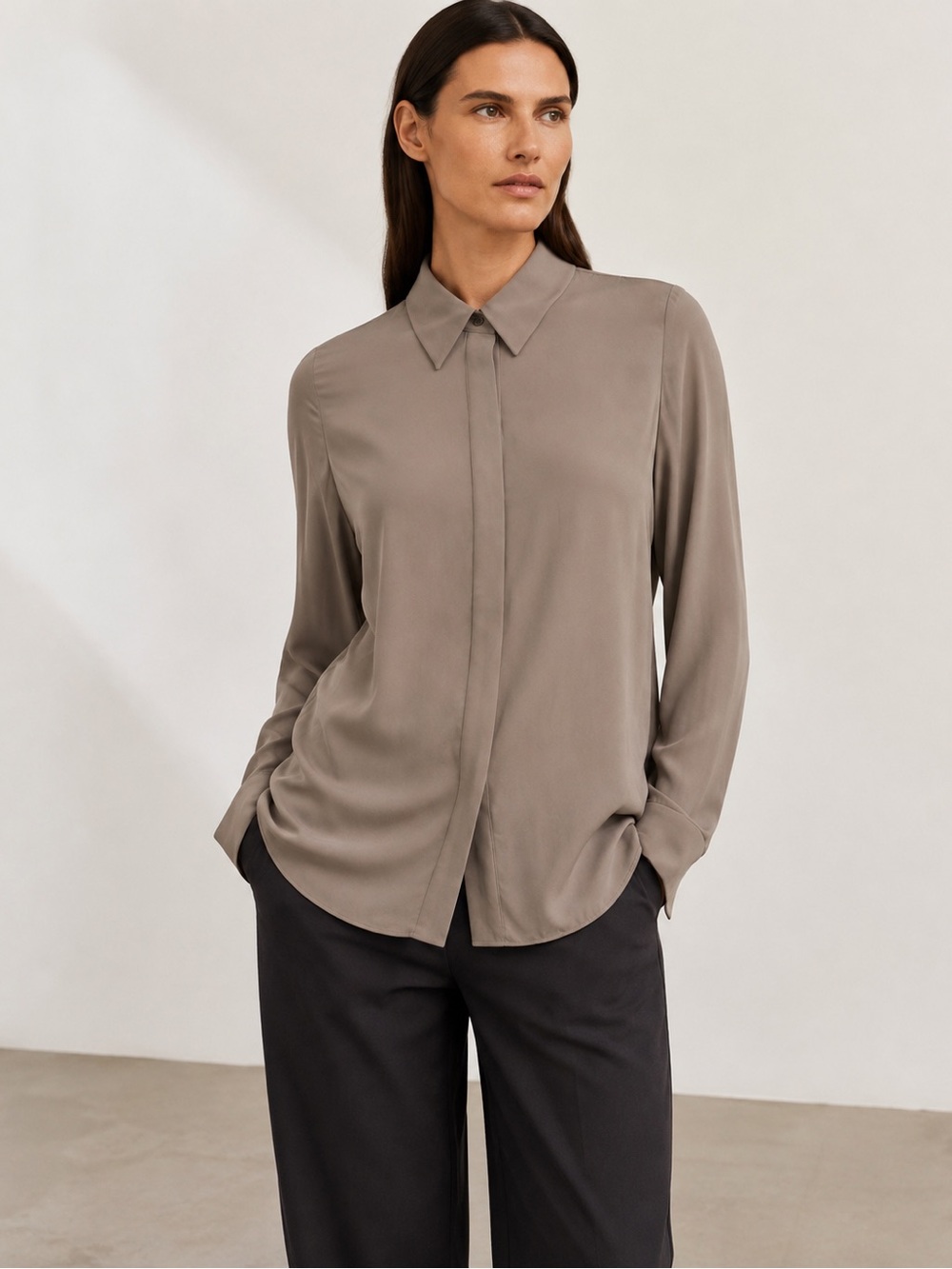 Vince 100% Silk Taupe Mushroom Button Down Blouse S Quiet Luxury Minimalist